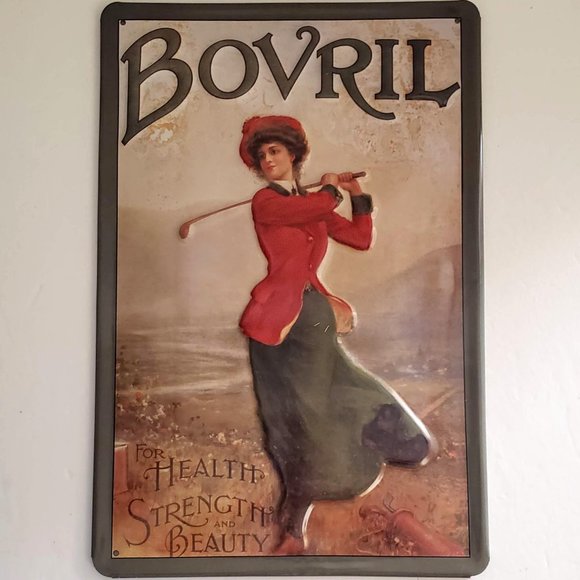 New VINTAGE Sturdy Metal Tin Sign Europe Woman Playing Golf BOVRIL - Picture 2 of 12